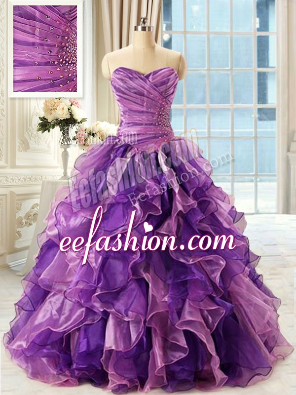 Dazzling Eggplant Purple Lace Up Sweetheart Beading and Ruffles Sweet 16 Dresses Organza Sleeveless