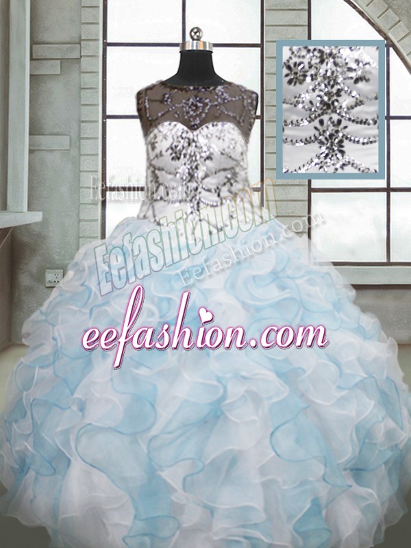  Blue And White Sleeveless Floor Length Beading and Ruffles Lace Up Quinceanera Gowns