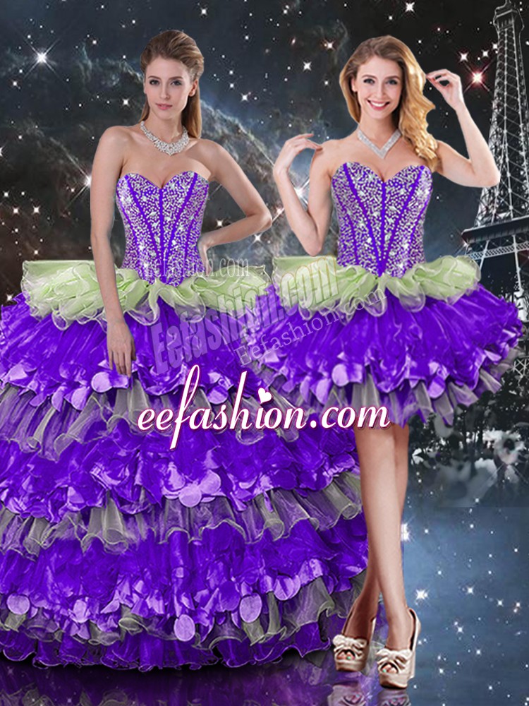  Sleeveless Organza Floor Length Lace Up Sweet 16 Dress in Multi-color with Beading and Ruffles and Ruffled Layers