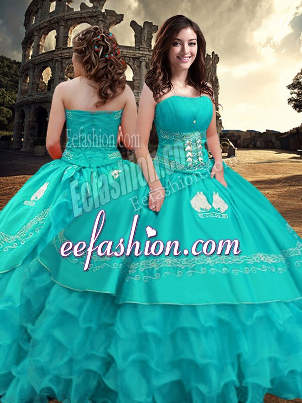  Turquoise Sleeveless Embroidery and Ruffled Layers Floor Length 15 Quinceanera Dress