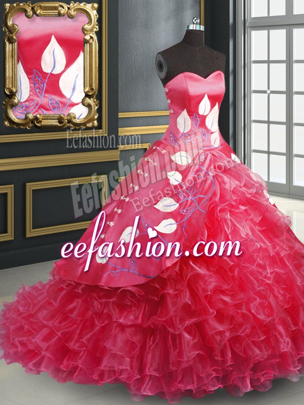 Hot Selling Coral Red Quinceanera Gowns Sweetheart Sleeveless Brush Train Lace Up