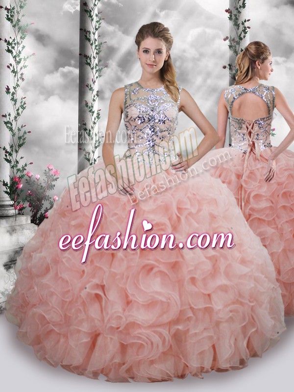  Organza Scoop Sleeveless Lace Up Beading and Ruffles Sweet 16 Quinceanera Dress in Baby Pink