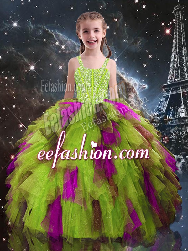  Ball Gowns Little Girls Pageant Dress Wholesale Yellow Green Straps Tulle Sleeveless Floor Length Lace Up