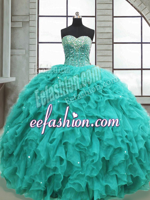 Dazzling Ball Gowns 15 Quinceanera Dress Turquoise Sweetheart Organza Sleeveless Floor Length Lace Up