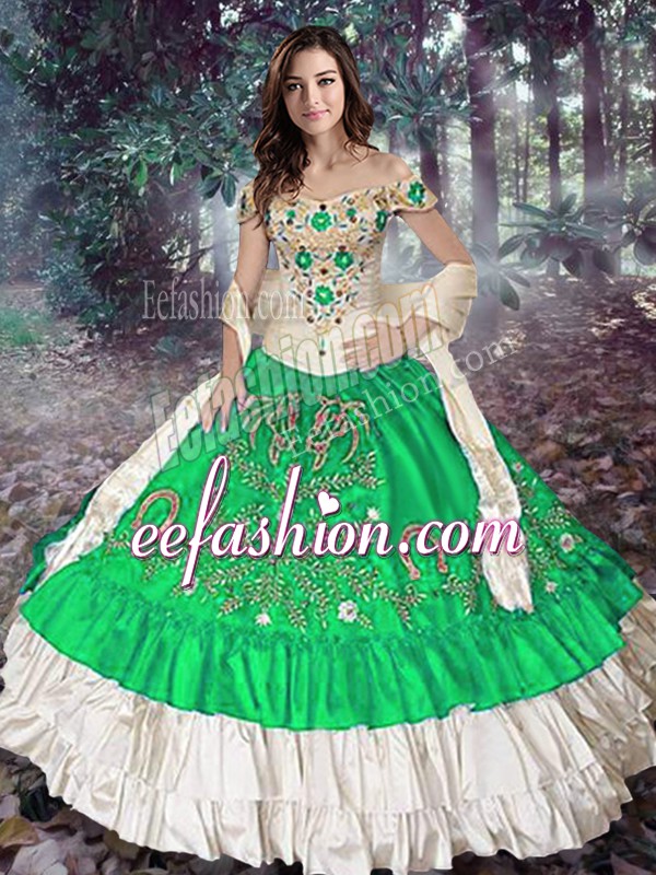 Charming Ball Gowns 15th Birthday Dress Green Off The Shoulder Taffeta Sleeveless Floor Length Lace Up