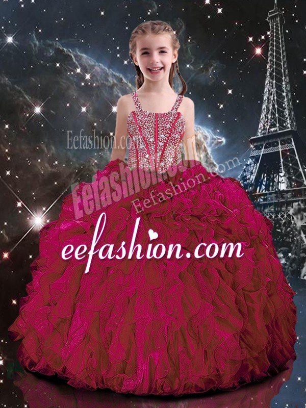  Sleeveless Floor Length Beading and Ruffles Lace Up Little Girl Pageant Gowns with Hot Pink