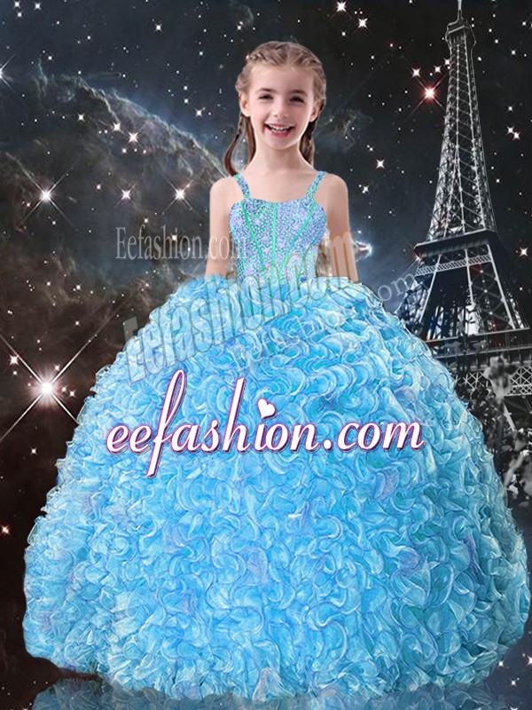  Aqua Blue Lace Up Kids Pageant Dress Beading and Ruffles Sleeveless Floor Length