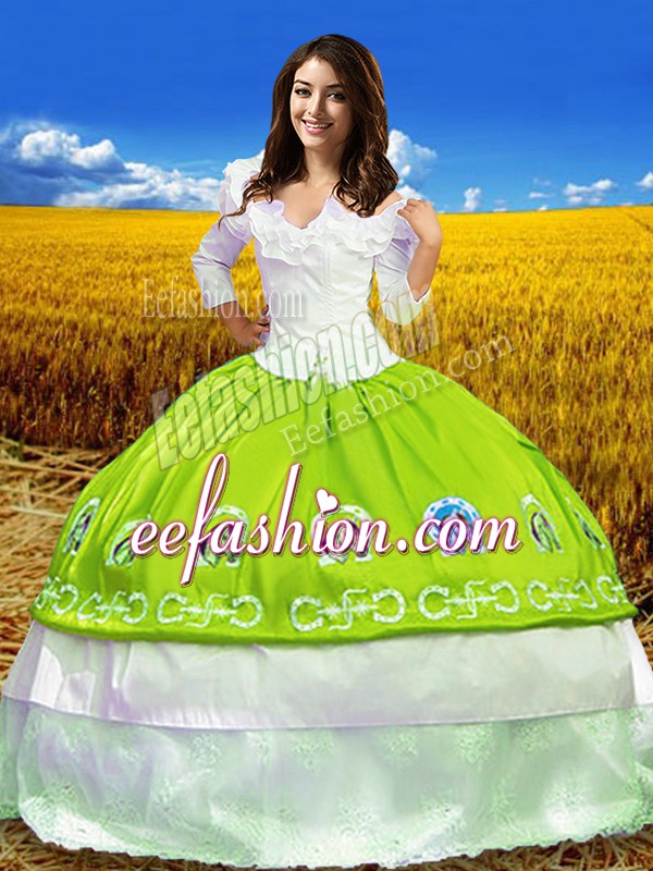  Yellow Green 3 4 Length Sleeve Taffeta Lace Up Quinceanera Gowns for Military Ball and Sweet 16 and Quinceanera