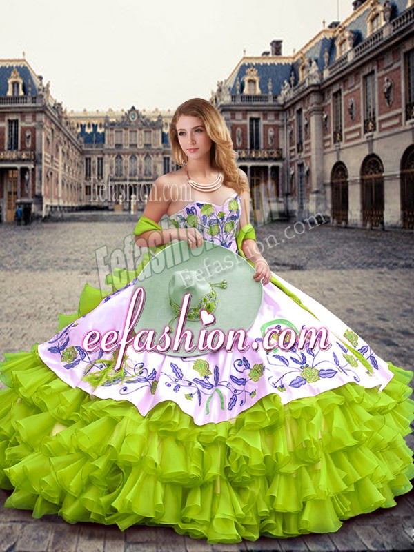 Deluxe Yellow Green Organza Lace Up Quinceanera Dress Sleeveless Floor Length Embroidery and Ruffled Layers