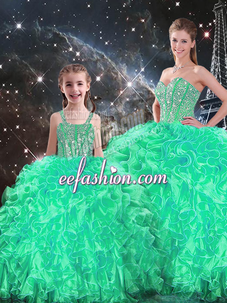 Admirable Sweetheart Sleeveless Quinceanera Gown Floor Length Beading and Ruffles Turquoise Organza