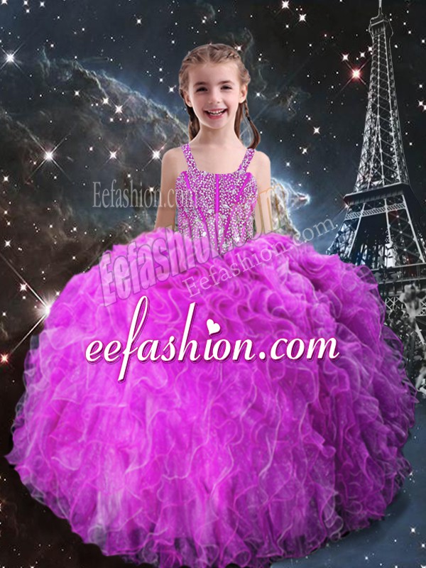Trendy Fuchsia Straps Neckline Beading and Ruffles Pageant Dress Toddler Sleeveless Lace Up