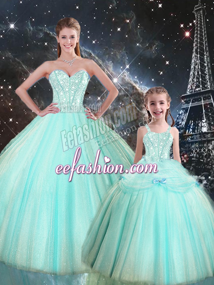 Floor Length Turquoise Ball Gown Prom Dress Tulle Sleeveless Beading