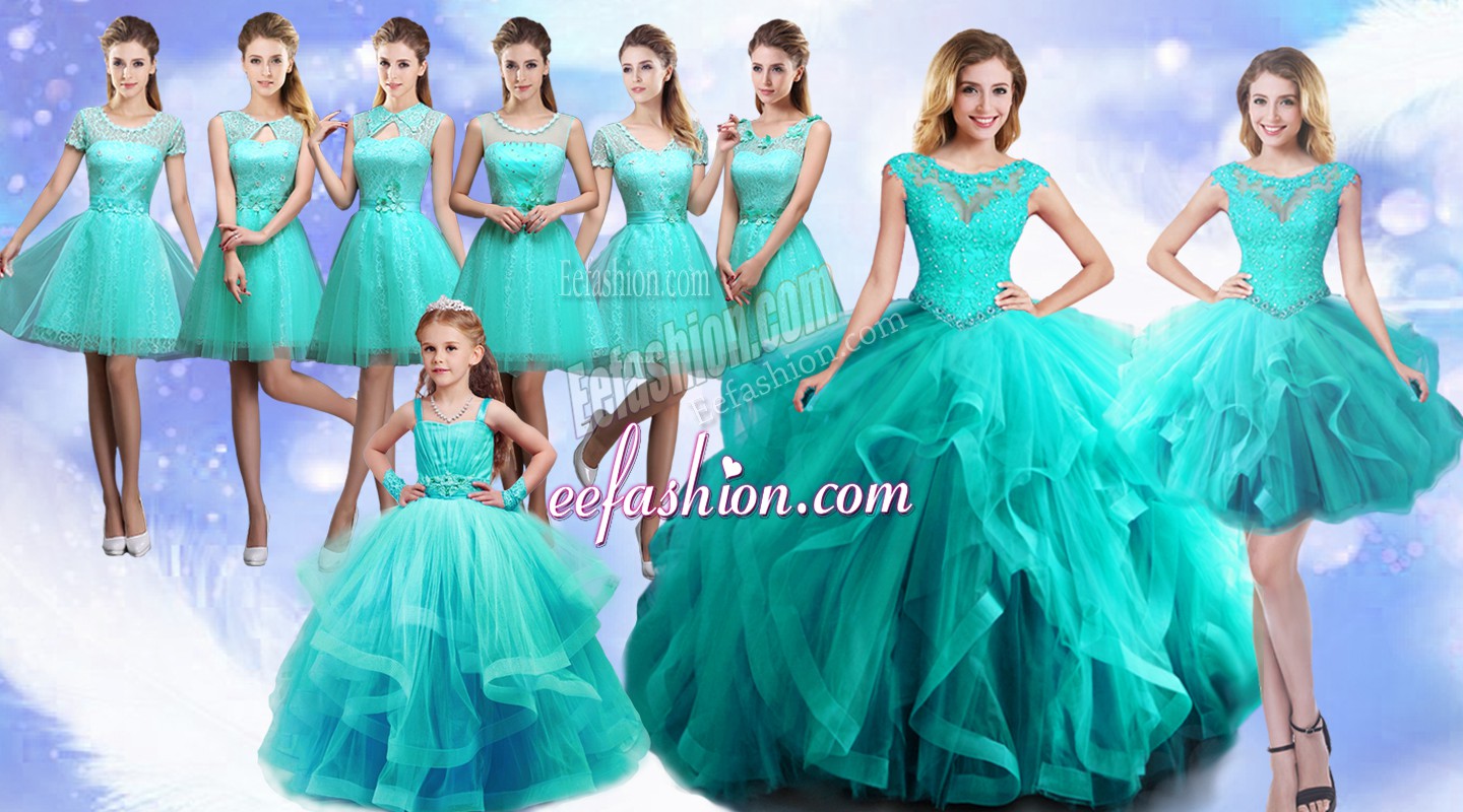  Floor Length Turquoise Quinceanera Gown Scoop Sleeveless Lace Up