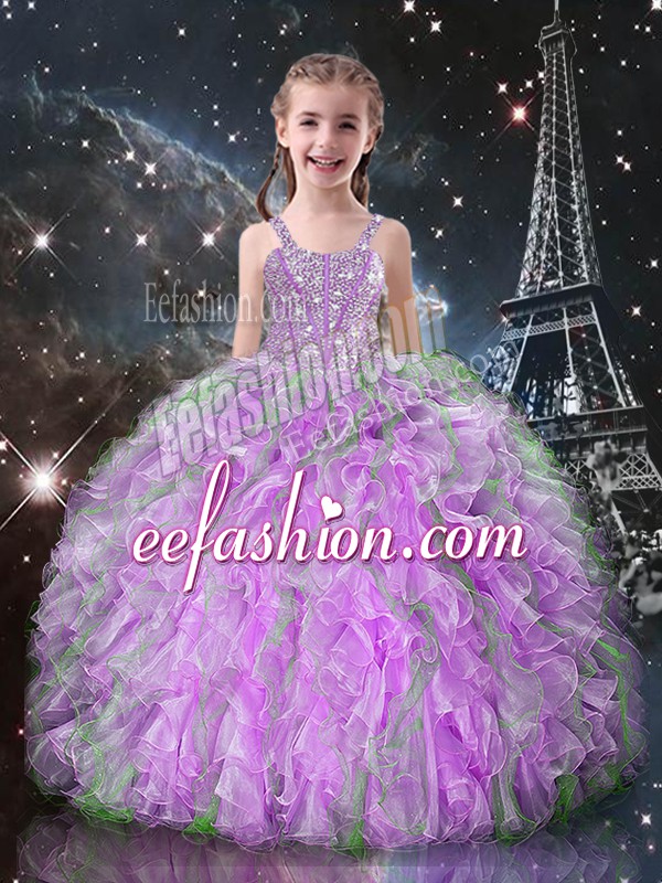Eye-catching Lilac Sleeveless Floor Length Beading and Ruffles Lace Up Glitz Pageant Dress