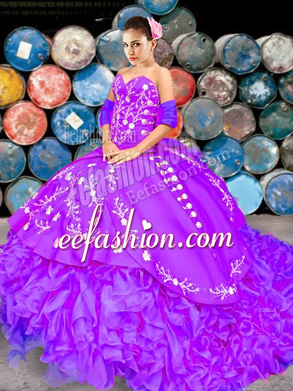  Lilac Sleeveless Organza Brush Train Lace Up 15th Birthday Dress for Military Ball and Sweet 16 and Quinceanera