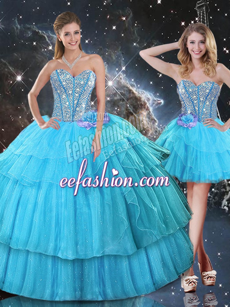  Aqua Blue Lace Up Sweet 16 Quinceanera Dress Ruffled Layers and Sequins Sleeveless Floor Length