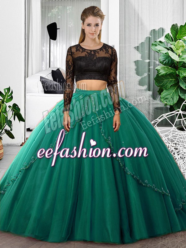 Trendy Dark Green Scoop Backless Lace and Ruching Quinceanera Gowns Long Sleeves