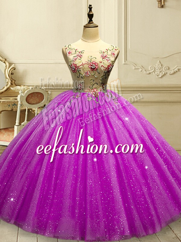 Trendy Fuchsia Tulle Lace Up Quinceanera Dresses Sleeveless Floor Length Appliques and Sequins