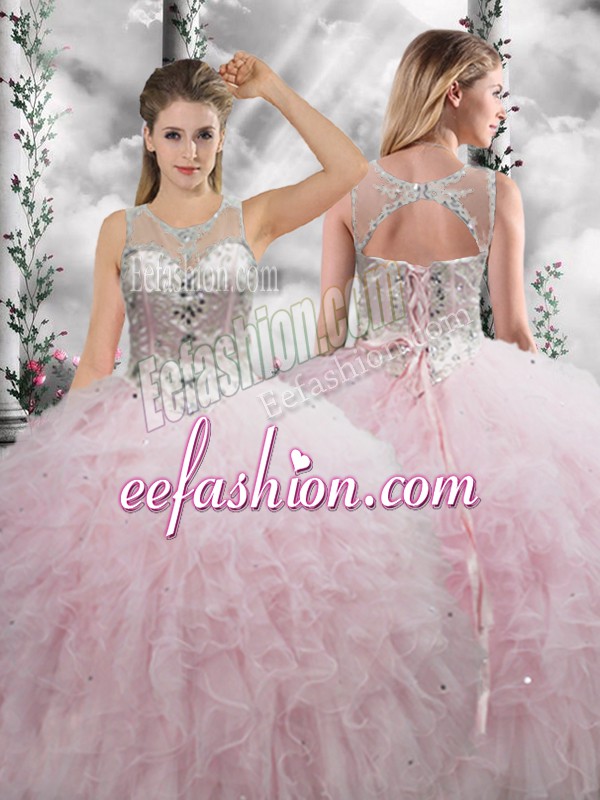 Baby Pink Sweet 16 Quinceanera Dress Military Ball and Sweet 16 and Quinceanera with Beading and Ruffles Scoop Sleeveless Lace Up