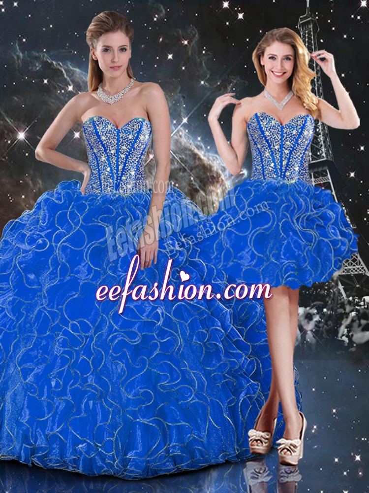 New Style Beading and Ruffles Vestidos de Quinceanera Blue Lace Up Sleeveless Floor Length