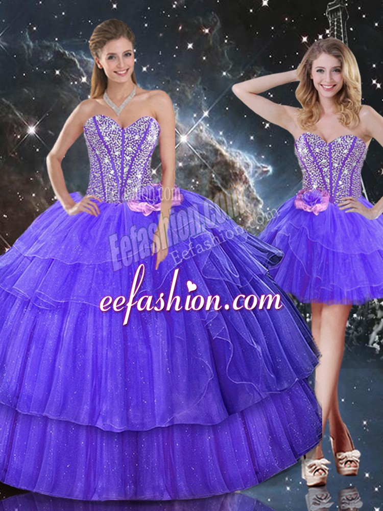 Most Popular Purple Ball Gowns Organza Sweetheart Sleeveless Beading and Ruffled Layers Floor Length Lace Up Quinceanera Dress