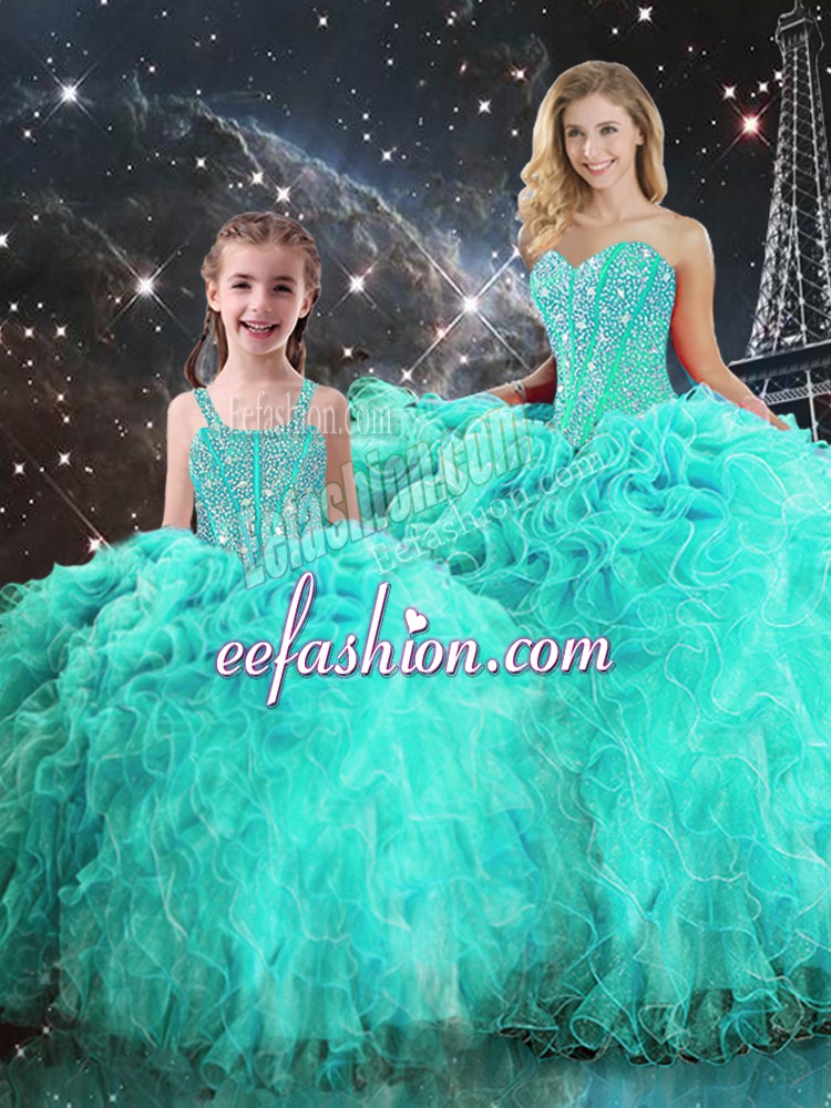 Cute Turquoise Sleeveless Floor Length Beading and Ruffles Lace Up Quince Ball Gowns