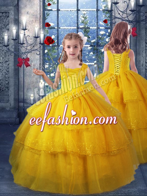  Gold Sleeveless Organza Lace Up High School Pageant Dress for Quinceanera and Wedding Party