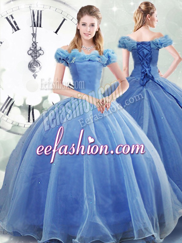 Shining Light Blue Ball Gown Prom Dress Military Ball and Sweet 16 and Quinceanera with Pick Ups Off The Shoulder Sleeveless Brush Train Lace Up