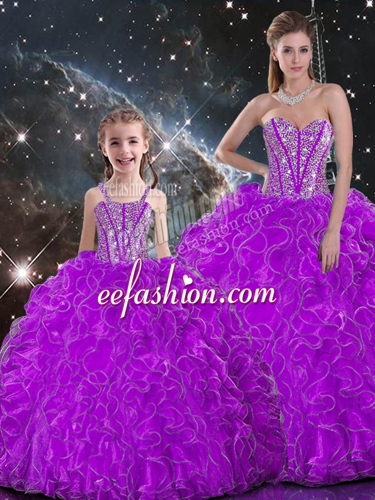  Sweetheart Sleeveless Lace Up 15 Quinceanera Dress Purple Organza