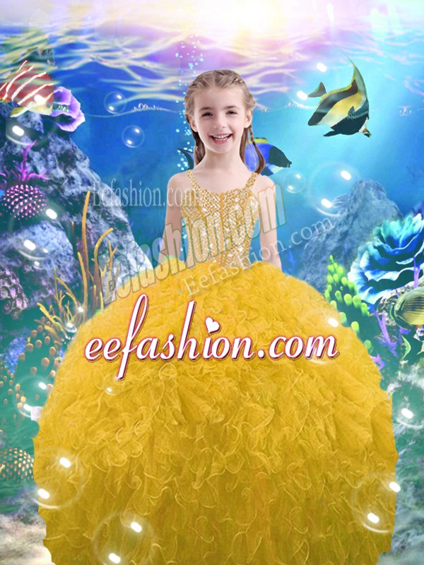 Enchanting Straps Sleeveless Lace Up Pageant Dress for Teens Gold Organza