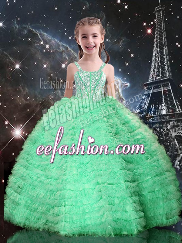 Custom Made Ball Gowns Girls Pageant Dresses Apple Green Straps Tulle Sleeveless Floor Length Lace Up