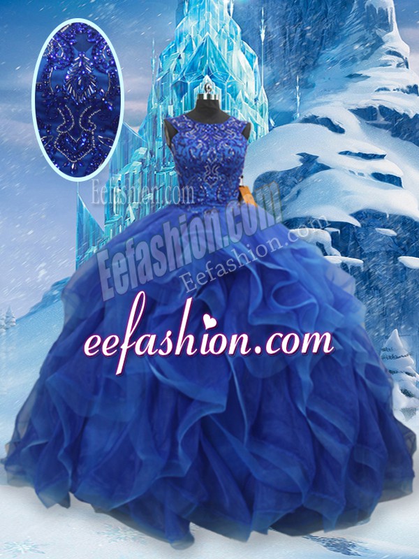  Ball Gowns Sweet 16 Dress Blue Scoop Organza Sleeveless Floor Length Lace Up