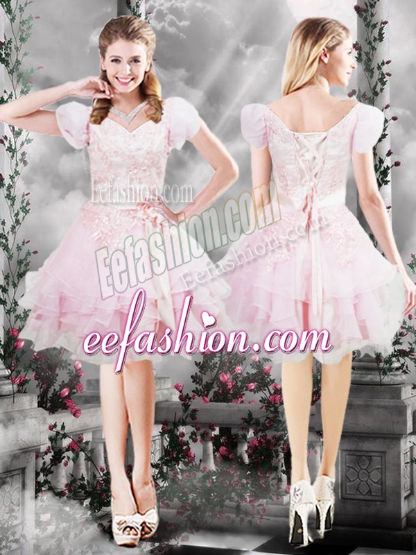 Low Price A-line Prom Dresses Baby Pink V-neck Organza Short Sleeves Knee Length Lace Up