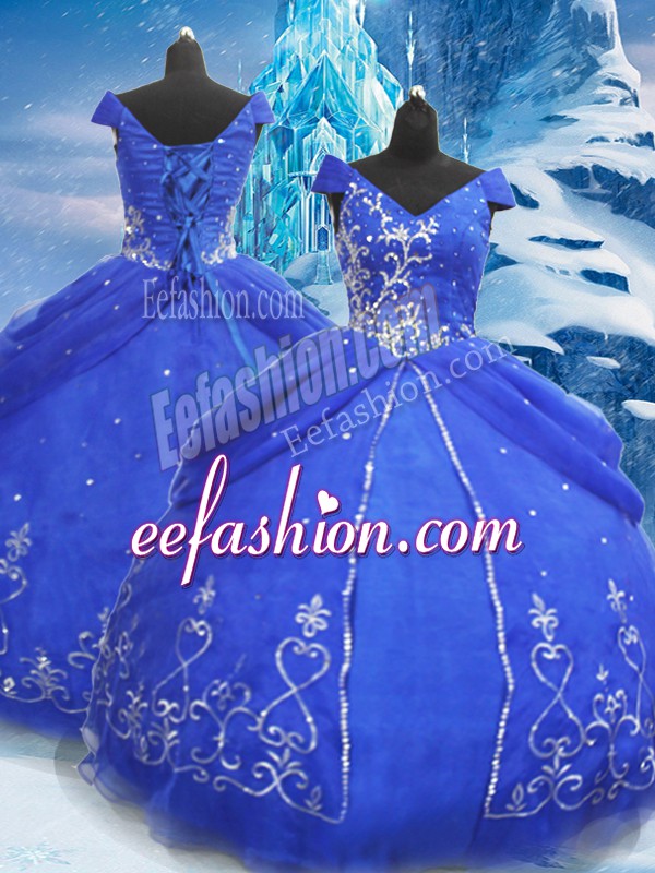 High End Blue Lace Up V-neck Beading and Appliques Sweet 16 Dress Tulle Short Sleeves