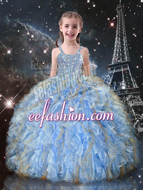  Light Blue Organza Lace Up Pageant Dress Womens Sleeveless Floor Length Beading and Ruffles