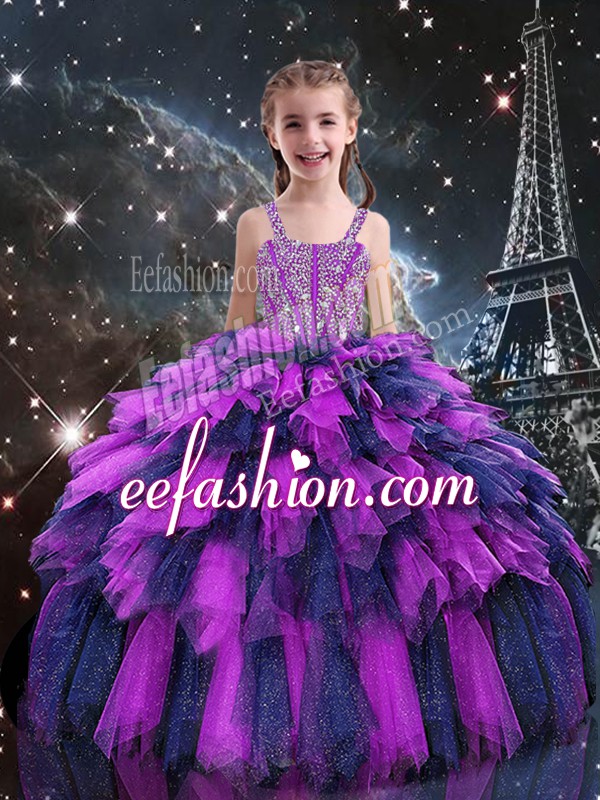 Lovely Eggplant Purple Tulle Lace Up Evening Gowns Sleeveless Floor Length Beading and Ruffles