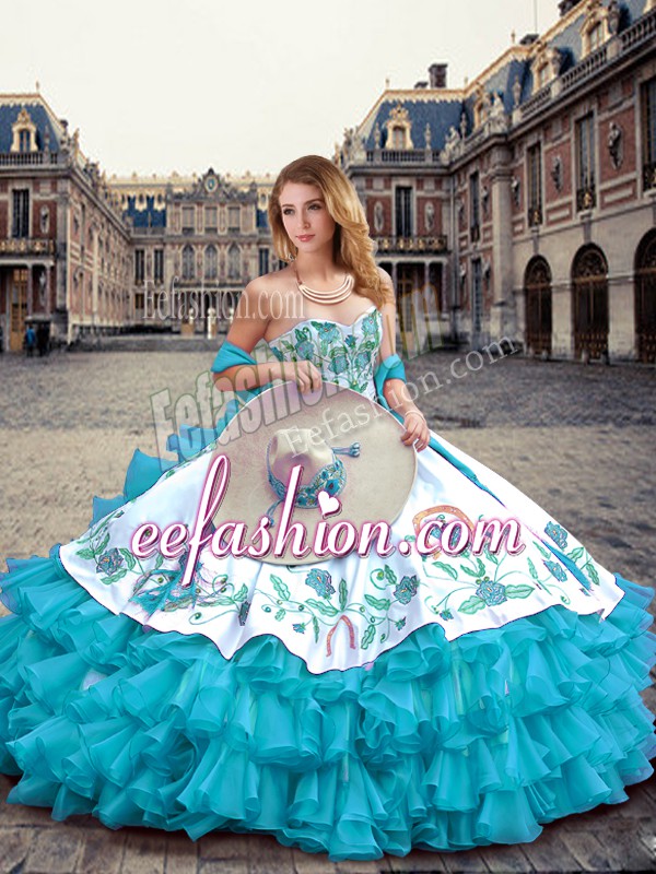 Deluxe Blue And White Ball Gowns Embroidery and Ruffled Layers Quinceanera Dress Lace Up Organza and Taffeta Sleeveless Floor Length
