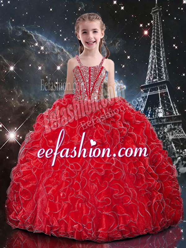  Coral Red Ball Gowns Straps Sleeveless Organza Floor Length Lace Up Beading and Ruffles Winning Pageant Gowns
