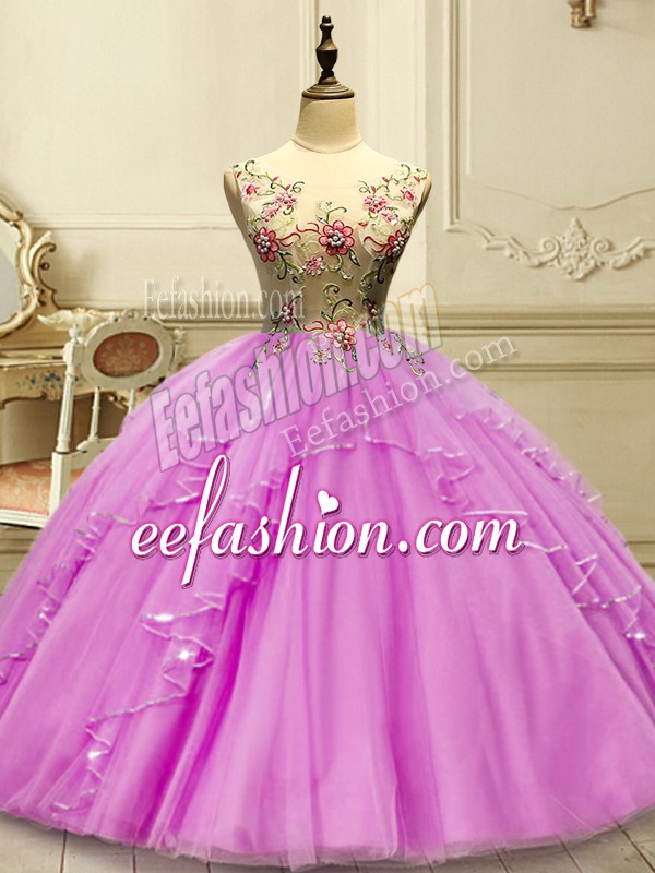 Fancy Scoop Sleeveless Lace Up Quinceanera Dress Lilac Tulle