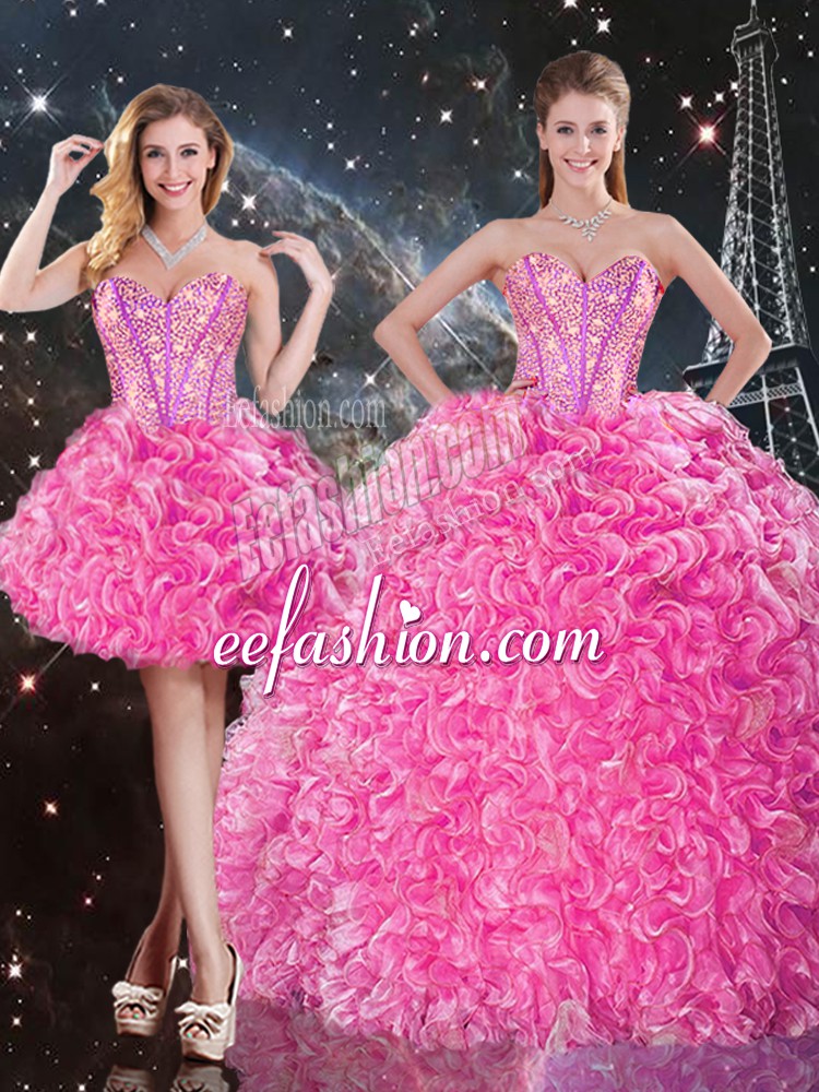  Floor Length Lace Up Ball Gown Prom Dress Rose Pink for Military Ball and Sweet 16 and Quinceanera with Beading and Ruffles