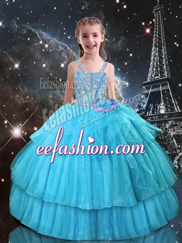 On Sale Ball Gowns Pageant Dress for Teens Aqua Blue Straps Organza Sleeveless Floor Length Lace Up