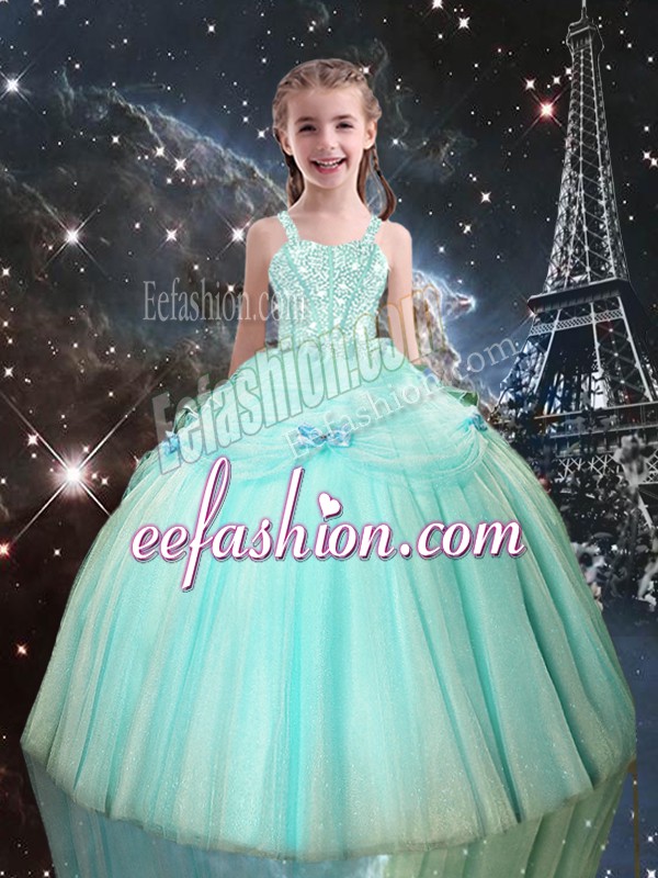 Ball Gowns Kids Pageant Dress Aqua Blue Straps Tulle Sleeveless Floor Length Lace Up