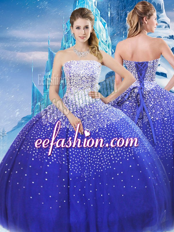  Sleeveless Floor Length Beading Lace Up Sweet 16 Dresses with Blue