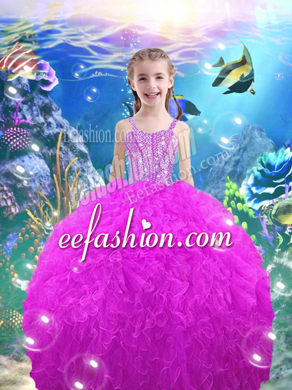  Fuchsia Ball Gowns Straps Sleeveless Organza Floor Length Lace Up Beading and Ruffles Pageant Dress for Teens
