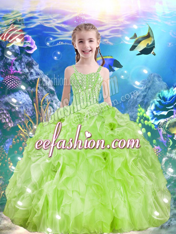 Pretty Floor Length Lace Up Winning Pageant Gowns Yellow Green for Quinceanera and Wedding Party with Beading and Ruffles