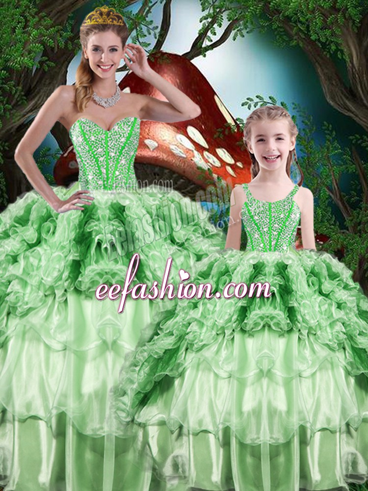 Superior Green Sleeveless Floor Length Beading and Ruffles and Ruffled Layers Lace Up Sweet 16 Dress