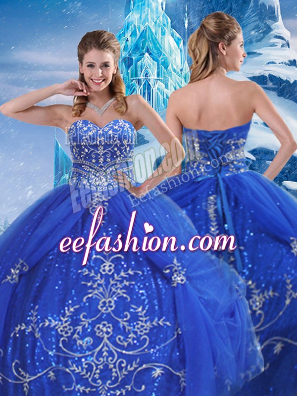 Exceptional Floor Length Lace Up Quinceanera Dresses Blue for Military Ball and Sweet 16 and Quinceanera with Beading and Appliques