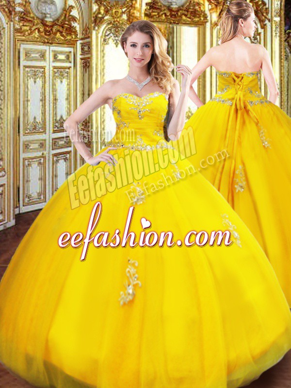On Sale Beading and Appliques Sweet 16 Dress Gold Lace Up Sleeveless Floor Length