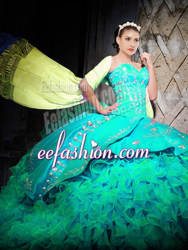  Turquoise Quinceanera Dress Military Ball and Sweet 16 and Quinceanera with Embroidery and Ruffles Sweetheart Sleeveless Brush Train Lace Up