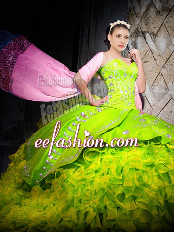 Luxurious Yellow Green Quinceanera Gown Military Ball and Sweet 16 and Quinceanera with Embroidery and Ruffles Sweetheart Sleeveless Brush Train Lace Up